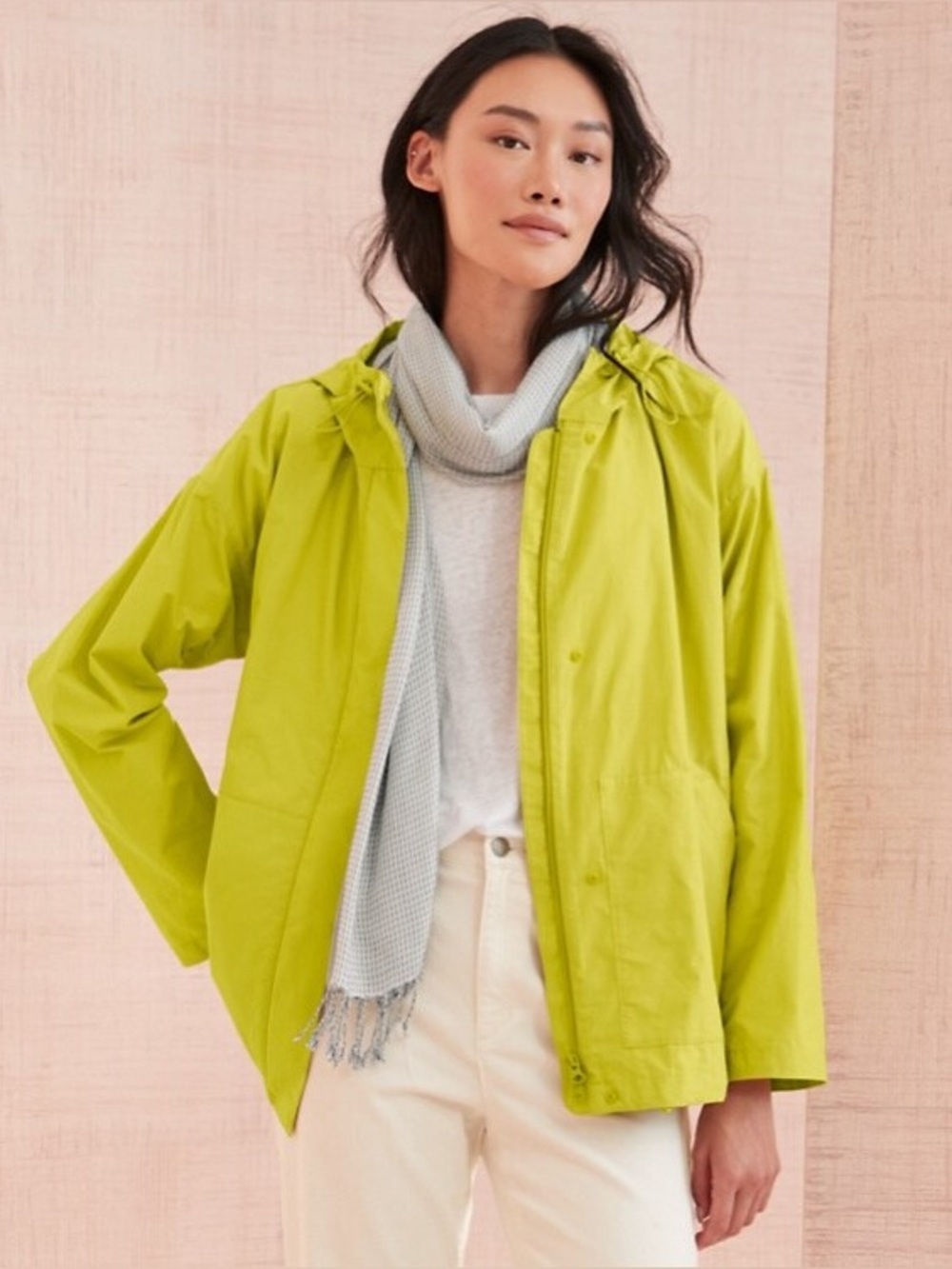 Eileen Fisher Chartreuse Yellow Organic Cotton Hooded Windbreaker Jacket - 2X
